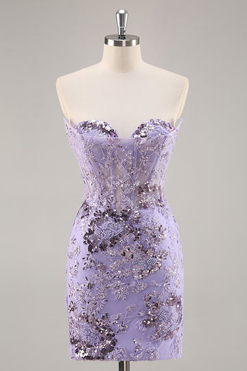 Strapless Purple Tight Homecoming Dress with Sequins